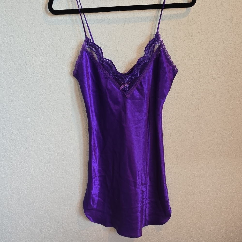 Vintage Romantic Moods Royal Purple Satin & Lace Chemise Slip - Size Small